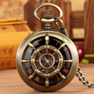 Vintage Hollow Rudder Manual Mechanical Pocket Watch Flip Roman Numerals Face Watch for Men