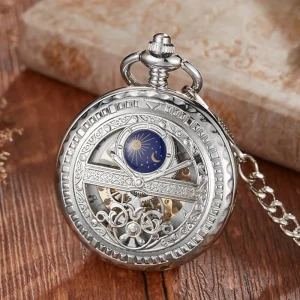 Vintage Hollowed Hand Wind Mechanical Pocket Watch with Chain