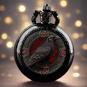 Vintage Intricate Raven Design Quartz Movement Black Pocket Watch