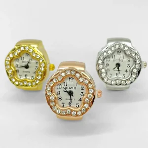 Vintage Irregular Quartz Engagement Wedding Stainless Steel Finger Watch Rings Diamond Bezel Gold Plated Elastic