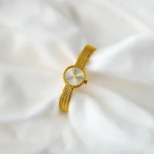 Vintage Japanese Quartz Mesh Watch for Women Yellow Gold with Sunray Dial Brass Case Retro Style