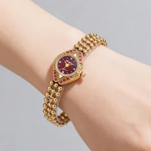 Vintage Luxury Multi Layer Beaded Stainless Steel Band Water Resistant 3BAR Quartz Watch Women’s Gold 16mm Pointer Green Dial