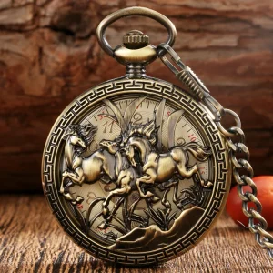 Vintage Mechanical Hand Wind Horse Pocket Watch with Fob Chain for Men Horse Accessories Gift