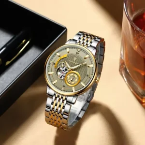 Vintage Mechanical Wristwatch Openwork Movement Alloy Case Stainless Band Luminous Hands Supplier
