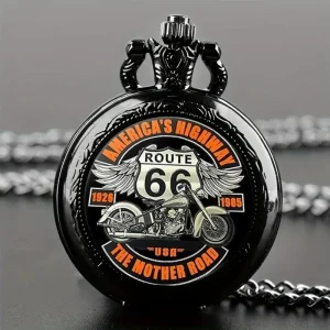 Vintage Mother Road No. 66 Quartz Fashion Pocket Watch Stainless Steel Case 35mm Dial Cool Black Motorcycle Clock Pendant