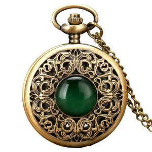 Vintage Pocket Watch Green Crystal Emerald Design Quartz Pocket Watch Necklace Chain for Mens Womens Fob Clock
