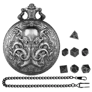 Vintage Pocket Watch Pendant Necklace with Mini Metal Dice Set for Board Game Dungeons & Dragons Unique Steampunk Gothic Gift