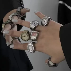 Vintage Punk Finger Watch Set Watch Ring Watchband Quartz Y2K Silver Mini Elastic Strap Watches Finger Ring