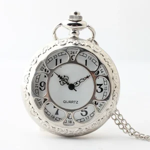 Vintage Quartz Pocket Watch with Arabic Roman Numerals Hollow Flower Dial Chain Antique Style for Men Women’s Birthday Gifts