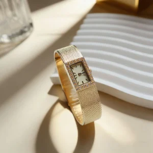 Vintage Retro Women’s Watch Antique Analog Crystal Rectangle Brass Case Diamonds Quartz 3BAR Water Resistant