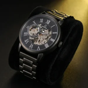 Vintage Roman Numeral Skeleton Men Automatic Mechanical Watch Dual Band Steel Leather Waterproof Male Wrist Timepiece