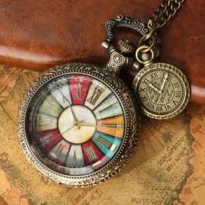 Vintage Roman Seven-Color Rainbow Glass Flip Pocket Watch with Embossed British Design Quartz Movement for Men