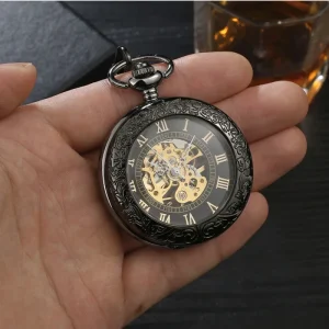 Vintage Semi Automatic Mechanical 47mm Alloy Case Zinc Alloy Strap Pocket Watch Mirror Effect Hollow
