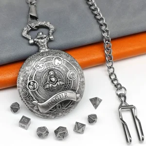 Vintage Silver Analog Quartz Mini Dice Set Pocket Watch Shell Gift for Dungeons and Dragons DND Board Games