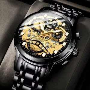 Vintage Skeleton Chronograph Men Watch Stainless Steel Multi Function Quartz Wristwatch for Business Watch