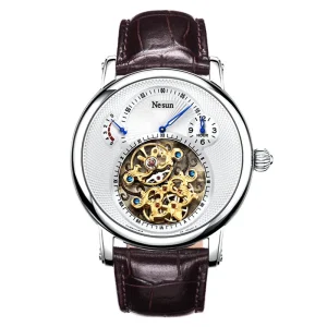 Vintage Skeleton Mechanical Watch Waterproof Genuine Leather Strap Power Reserve Wristwatch