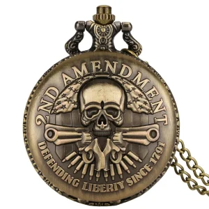 Vintage Skull Antique Quartz Analog Pocket Watch with Alloy Chain 47mm Dial 2nd Amendment USA Theme