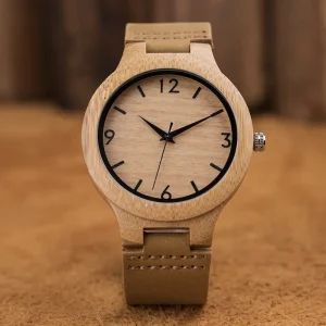 Vintage Sport Fashion Quartz Wood Watch OEM for Men Leather Strap Natural Handmade Bamboo Case Pointer Dial Chronograph Custom