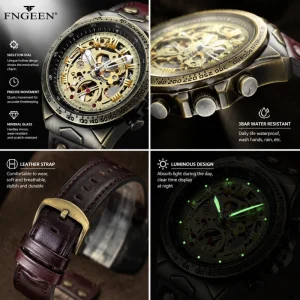Vintage Sporty Automatic Men’s Stainless Steel Watch Strap Luminous Hands Open Dial Mechanical Movement 20mm