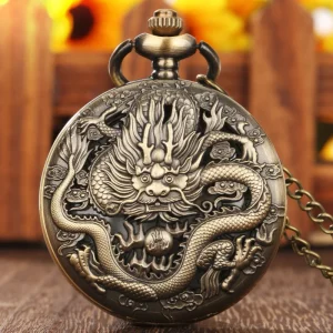 Vintage Steampunk Dragon Pocket Watch with Chain Retro Bronze Necklace Charm Pendant Timepiece for Antique Gift