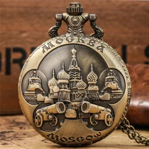 Vintage Steampunk Moscow Cannon Pocket Watch Necklace Unisex Quartz Watch Chain Arabic Numbers Alloy Case 47mm Dial No