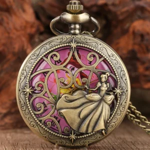 Vintage Style Bronze Pocket Watch with Beautiful Girl Design Hollow Steampunk Pendant Necklace for Antique Gift