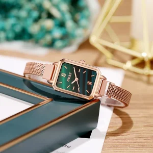 Vintage Style Chic Women’s Watch Petite Square Face Green-Accented Ladies’ Timepiece Quartz Movement
