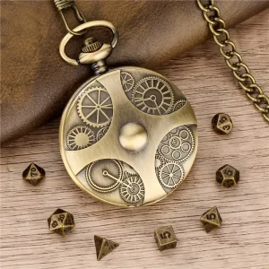 Vintage Style Durable Recycled Materials Pendant Chain 7 Mini Metal Dice Set Pocket Watch Tabletop Gaming Fantasy Role Playing