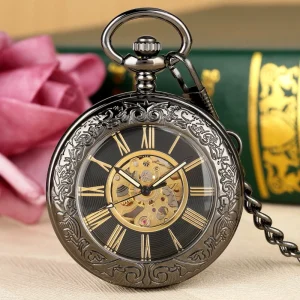 Vintage Transparent Case Roman Numerals Automatic Winding Mechanical Pocket Watch with Chain Luxury Gift for Men