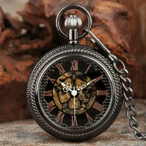 Vintage Transparent Cover Roman Style Mechanical Skeleton Pocket Watch for Men Black Hand Winding Locket Watch with Fob Chain