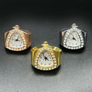 Vintage Triangle Quartz Engagement Wedding Stainless Steel Finger Watch Rings Diamond Bezel Shiny Finish Elastic Band Unisex