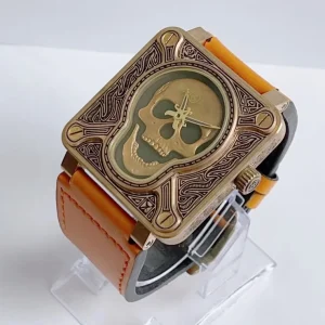 Vintage Unique Fashion Gift Punk Rock Skeleton Square Skull Engraved Bronze Leather Strap Hollow Mechanical Men’s Wrist Watch