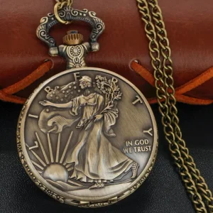 Vintage Walking Liberty Pocket Watch Antique Bronze Quartz 47mm Alloy Strap God We Trust Commemorative Coin Style
