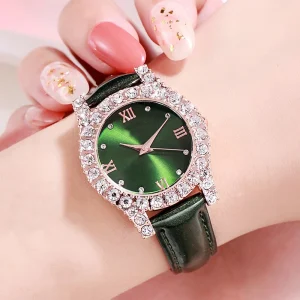 Vintage Women’s Gold Quartz Watch Alloy Leather Strap Glass Japanese Movement 3ATM Waterproof Diamond-Studded