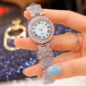 Vintage Women’s Luxury Watch Set Ladies Full Diamond Roman Numeral Dial Trendy Quartz Watch Bracelet 2 Pce Gift Set