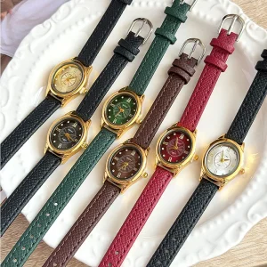 Vintage Women’s Watch Burgundy Red Leather Gold Vintage Watch for Women’s Niche Light Luxury Quartz Vintage Watch