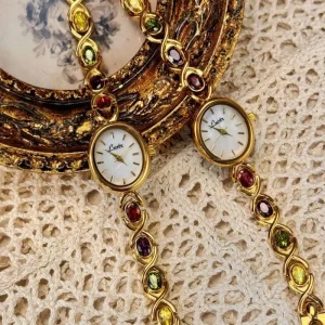 Vintage Women’s Watch with Colored Gemstones Light Luxury Personalized Retro Jewelry Gold Small Cute Bracelet Watch