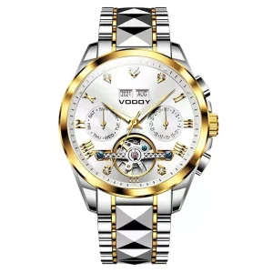 Vodoy Tourbillon Luminous Perpetual Calendar Date Day Display Stainless Steel Mechanical Men’s Fashion Business Waterproof Watch