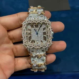 方形罗马数字表盘 皇冠形表圈 双色玫瑰金银色 嘻哈风格 Vvs 钻石 莫桑石冰晶手表（男士）
