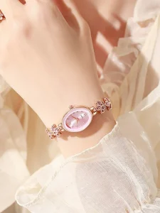 W086 Women’s Luxury Dial Watch Roman Numerals Rose Gold Crystal Bracelet Oval Alloy Case Quartz Glass