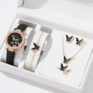 WGS 44 6pcs Luxury Watch Women Ring Necklace Earrings Bracelet Set Butterfly Leather Strap Ladies Quartz WristWatch