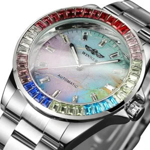 WINNER Fashion Iced Out Men’s Watches Top Brand Luxury Luminous Hands Stainless Steel Strap Business Automatic Mechanical Watch