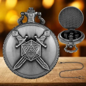 Warrior D20 Theme DND Pocket Watch Shell Dice Mini Metal Dice Set for Dungeons and Dragons