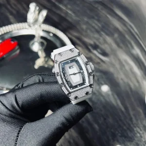 Watch 34mm Rose Gold Color Diamond Paved Automatic Mechanical Design Hollow Skeleton Men’s Watch
