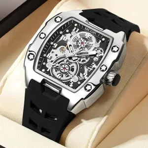 Watch Waterproof Luminous Luxury Tonneau Dial 8602 Men’s Automatic Mechanical Rubber Strap Hollow Out Wristwatch