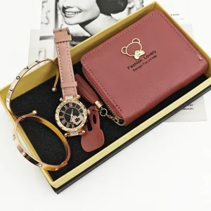 Watch for Women Luxury Diamond Case Roman Numerals Dial Jewelry Watch Set 2 Bracelets Mini Wallet Box