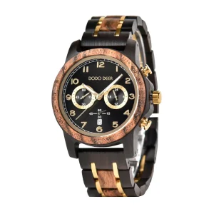 Waterproof Black Wood Fashion Wristwatch Gold Stainless Steel Quartz Wood Watch