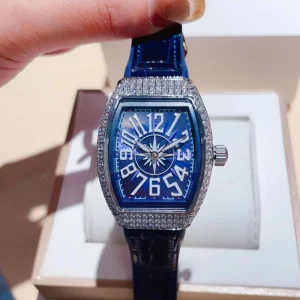 Waterproof Diamond Studded Stainless Steel Case Blue Genuine Leather Strap Sports Unisex Watch