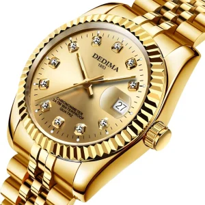 Waterproof Gold Plated Couple Watches Stylish Steel Strap for Men Women Calendar Watch