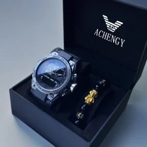 Waterproof LED Quartz Men’s Sport Watch with Double Display Wristwatch Clock Featuring Shock Dial Rubber Band and Alloy Case
